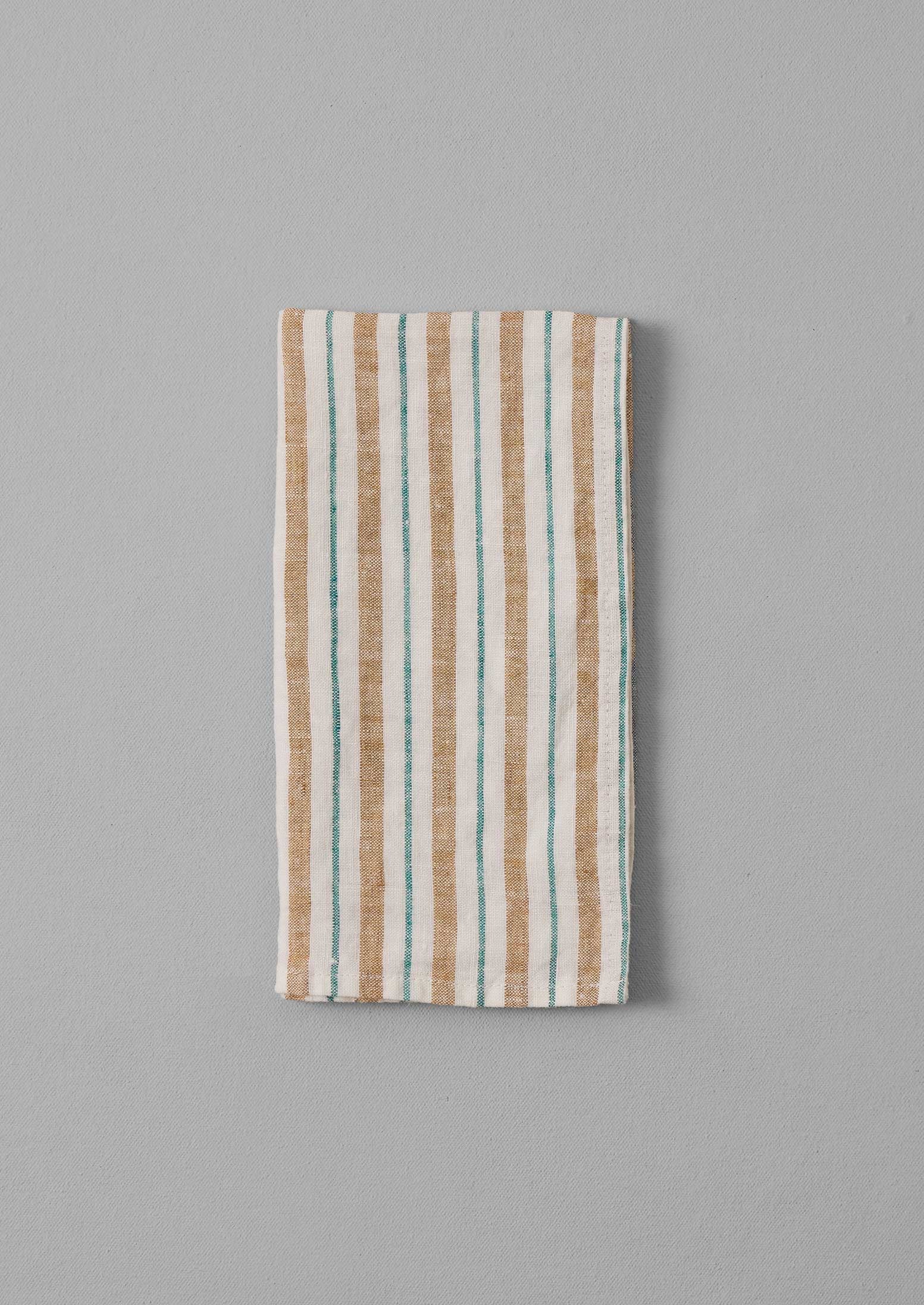 Caramel & Marine Green Linen Napkins – Faro Stripe