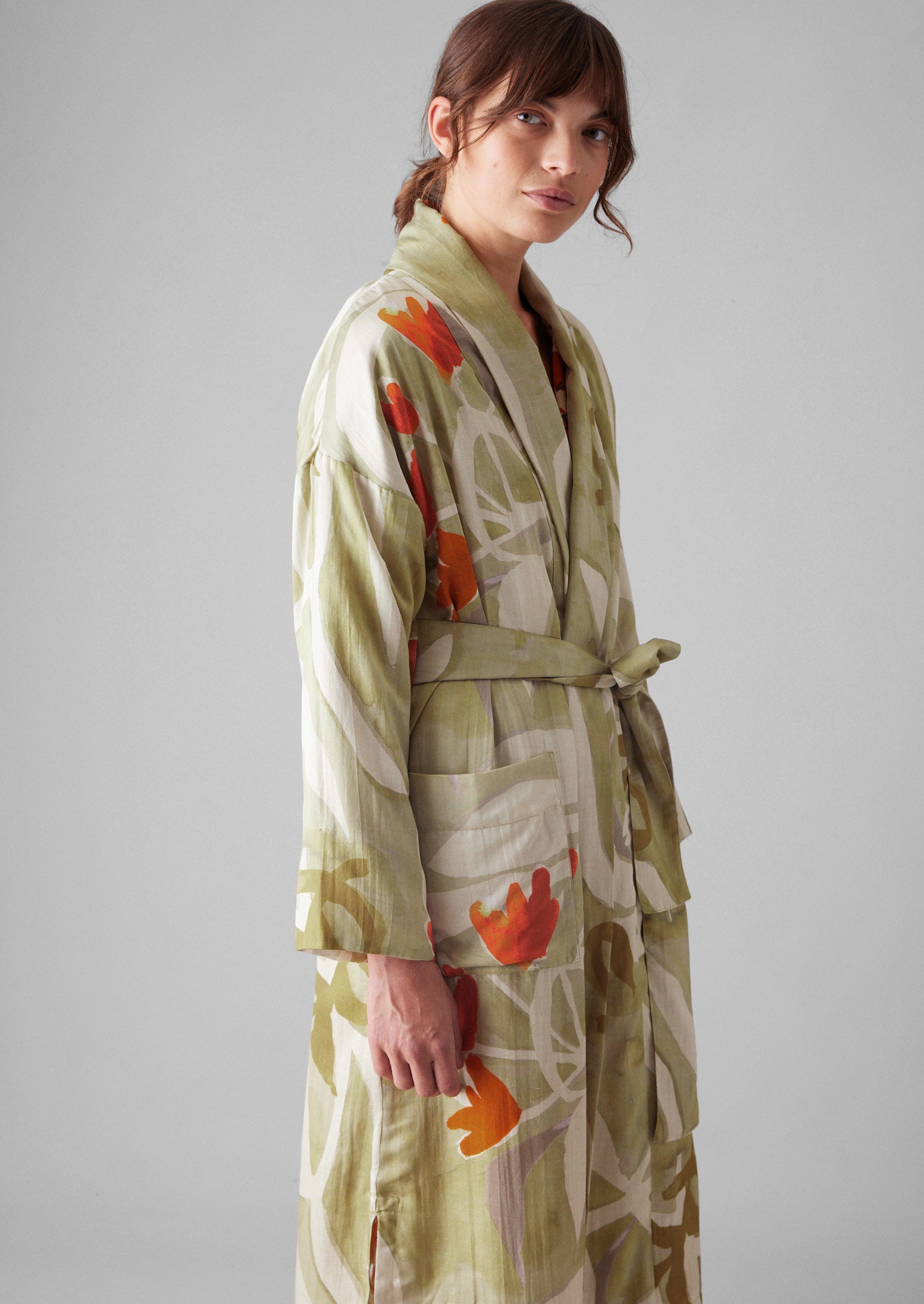 Sage Floral Silk-Cotton Watercolor Gown