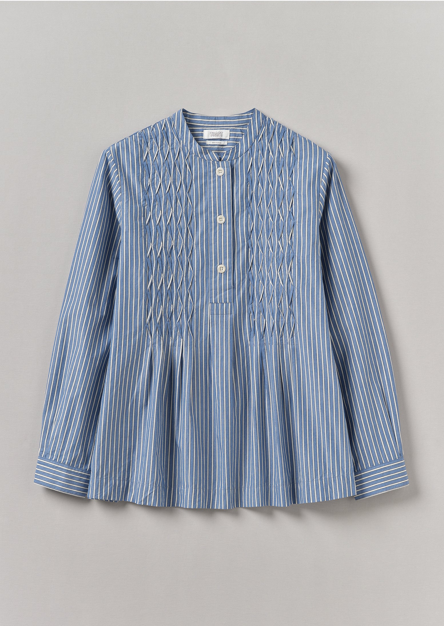 Chambray Blue Dash Stripe Pintuck Shirt