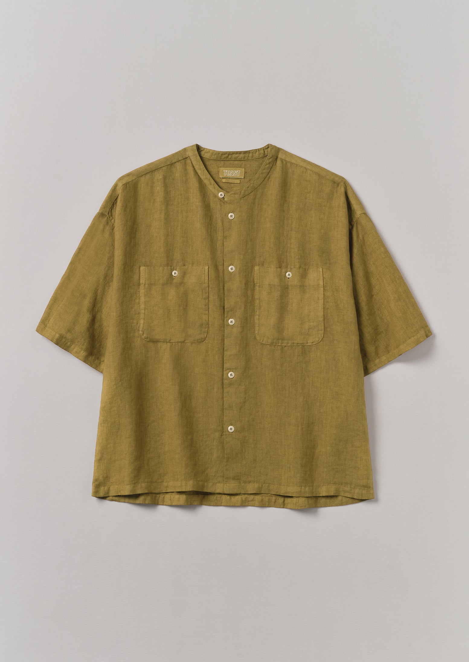 Durian Green Linen Grandad Collar Shirt