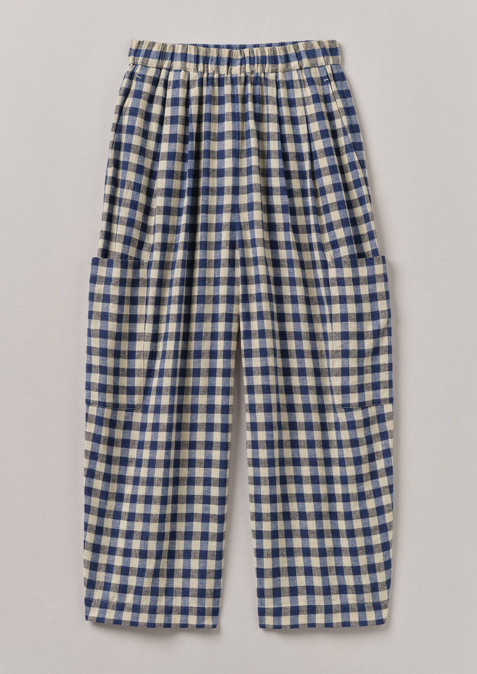 Denim Blue Gingham Linen Cotton Trousers with Pockets