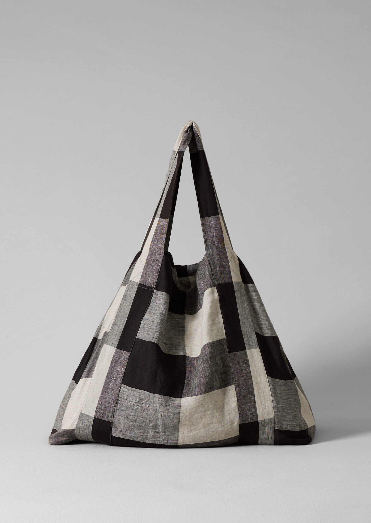 Ecru & Charcoal Linen Gingham Tote Bag