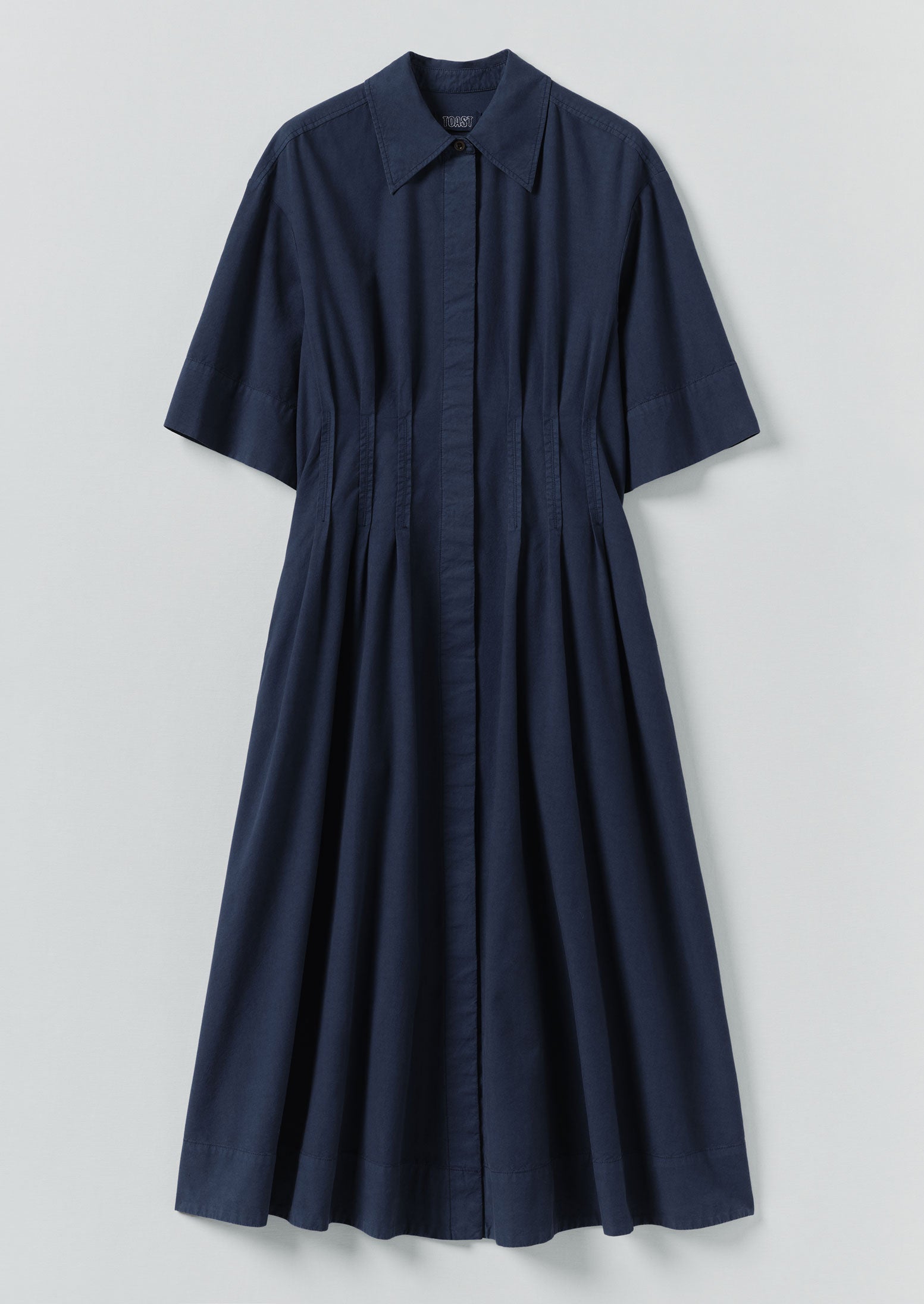 Mid Blue Cotton Linen Pleated Dress