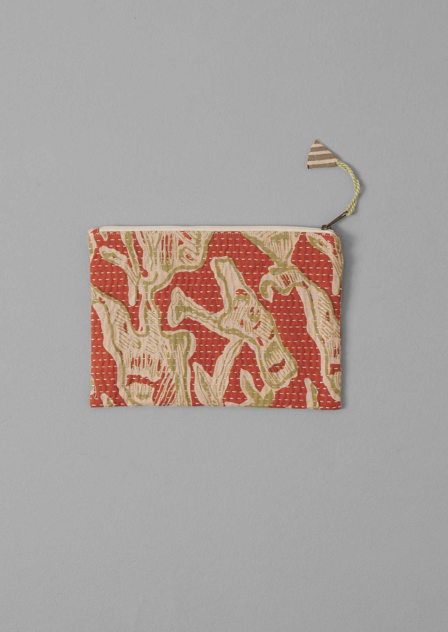 Handmade Kantha Fabric Pouch in Mango/Kelp