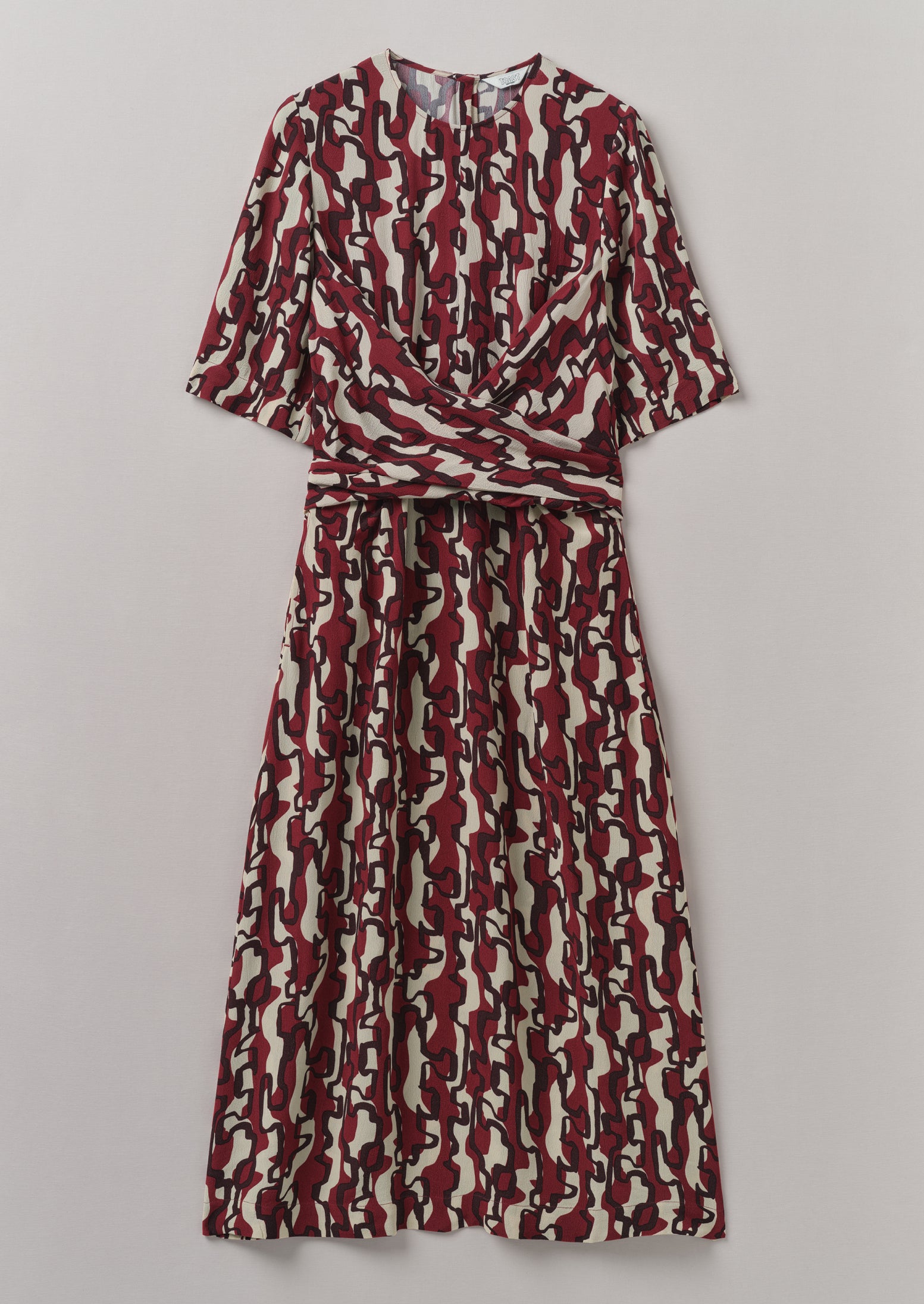 Ecru & Garnet Ribbon Print Tie-Waist Dress