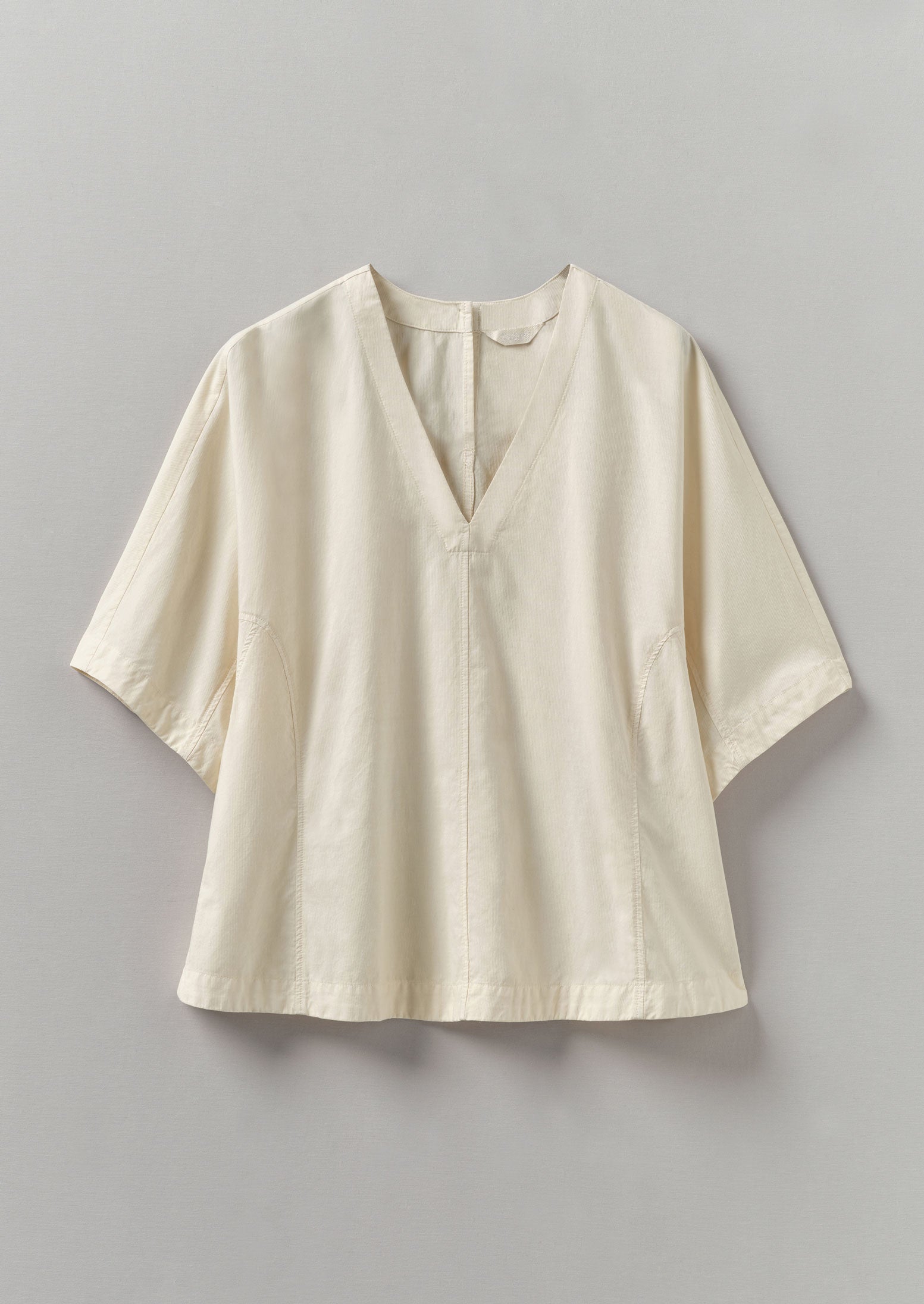 Ecru Textured Cotton V-Neck Poplin Top