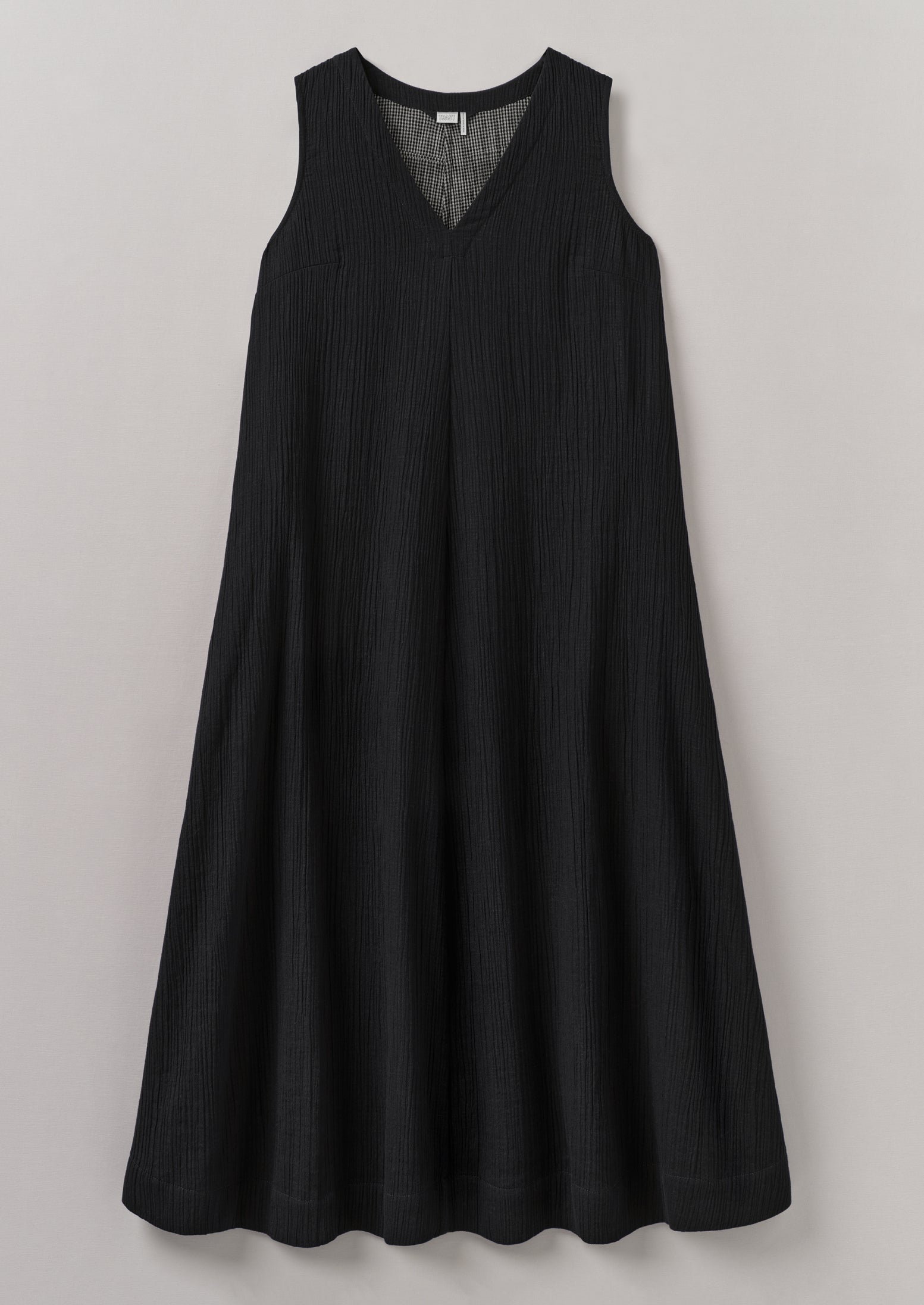 Black Crinkle Cotton V-Neck Dress